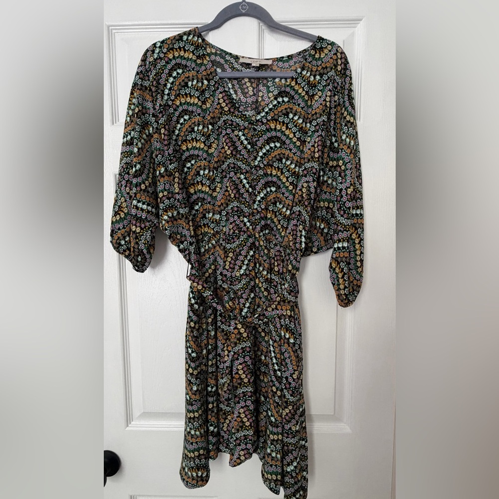 LOFT Black Floral-Print Midi Dress with Puff Sleeves